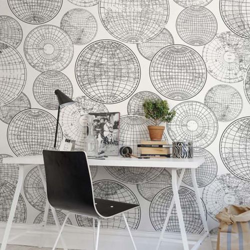 Mural Maps Globes Gathering Blanco y Negro