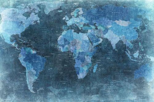 Mural Panorama World Map Blue