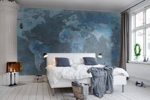 Mural Panorama World Map Blue