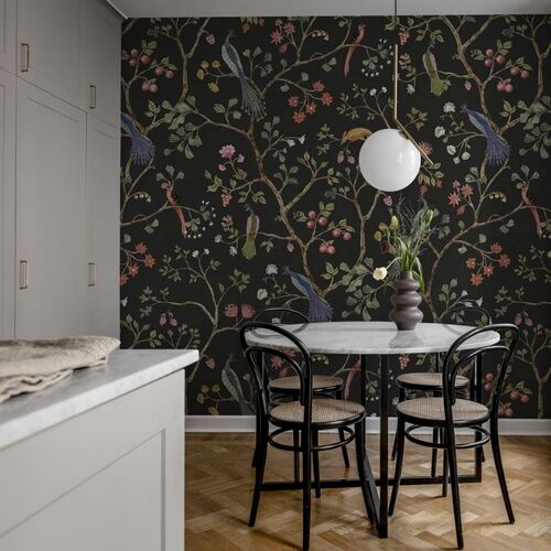 Mural Vintage Brocade Songbirds Midnight