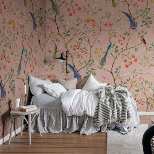 Mural Vintage Brocade Songbirds Pink