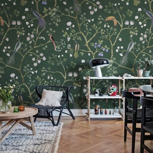Mural Vintage Brocade Songbirds Emerald