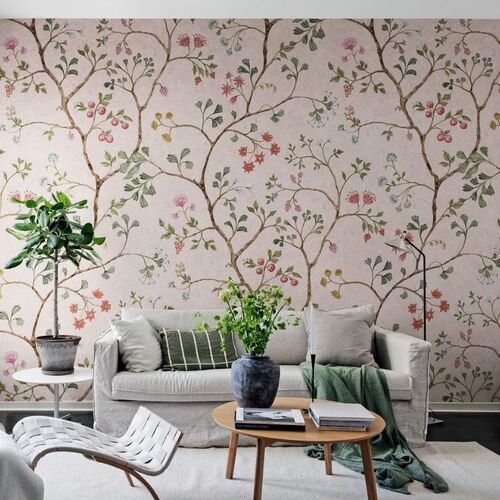 Mural Vintage Brocade Song Tree Pink Cherry