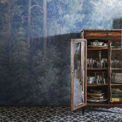 Mural Vintage Brocade Green Wood Mist