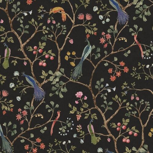 Mural Vintage Brocade Songbirds Midnight