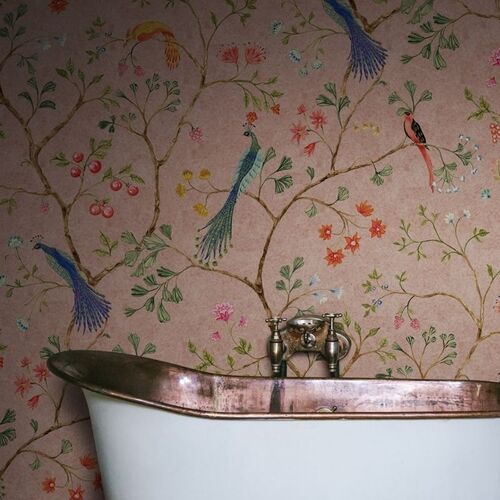 Mural Vintage Brocade Songbirds Pink