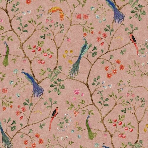 Mural Vintage Brocade Songbirds Pink