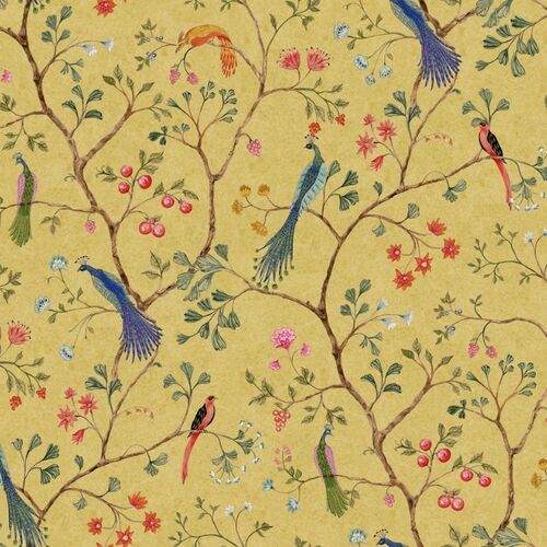 Mural Vintage Brocade Songbirds Saffron