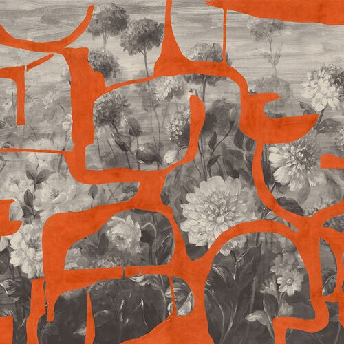 Mural Playful Layers Prehistoric Flowers Naranja