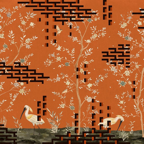 Mural Playful Layers Tetris Chinoiseries Naranja