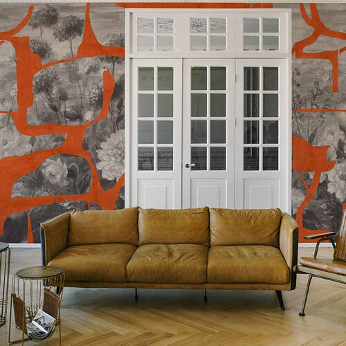 Mural Playful Layers Prehistoric Flowers Naranja